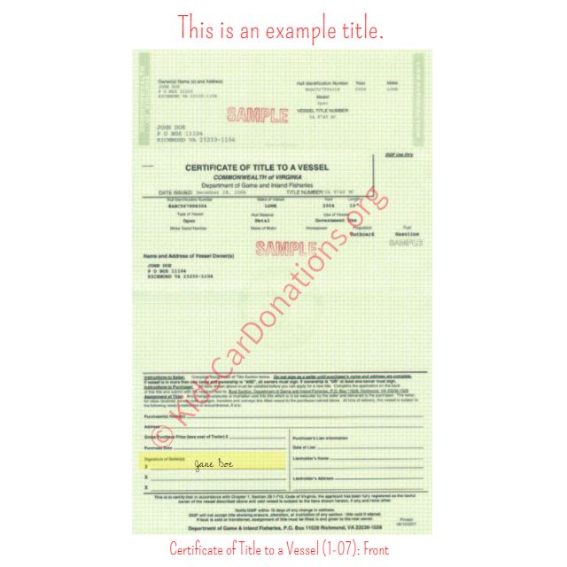 This is an Example of Virginia Certificate of Title to a Vessel (1-07) Front View | Kids Car Donations